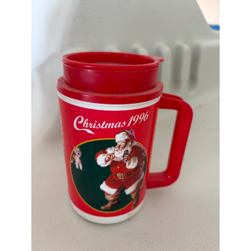 Vintage 1996 Coca-Cola Christmas Santa Travel Mug Whirley Red Insulated Lid